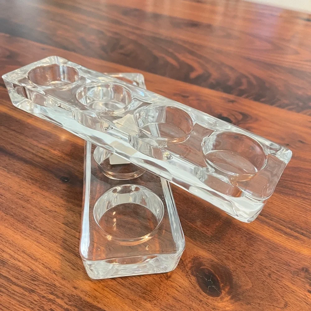 Pair CRATE & BARREL CLEAR HEAVY GLASS 4 VOTIVE BLOCK BAR WEDDING TABLE BANISTER